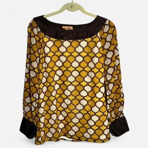 Tory Burch Yellow and Brown Silk and Wool Geometric Blouse w logo button detail